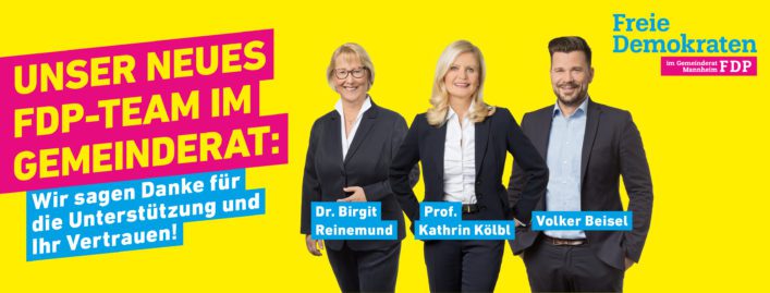 Unser neues FDP-Team im Mannheimer Gemeinderat: Dr. Birgit Reinemund, Volker Beisel, Prof. Kathrin Kölbl