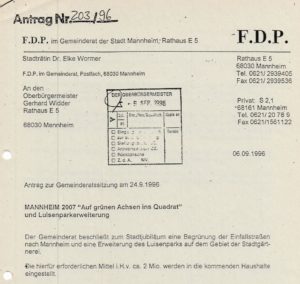 Der Orignalantrag aus dem Jahr 1996 - schon über 25 Jahre kämpft die FDP Mannheim für Begrünung und Klimaschutz