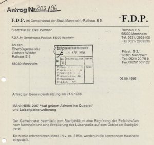 Der Orignalantrag aus dem Jahr 1996 - schon über 25 Jahre kämpft die FDP Mannheim für Begrünung und Klimaschutz